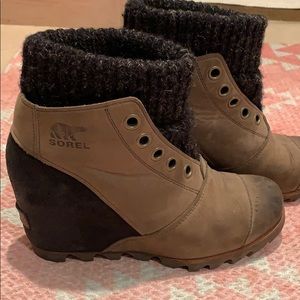 Waterproof leather wedge booties w/ wool ankle